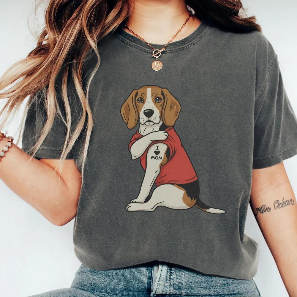 Beagle T-Shirt Featuring Tattooed Dog Illustration, I Love Mom Graphic